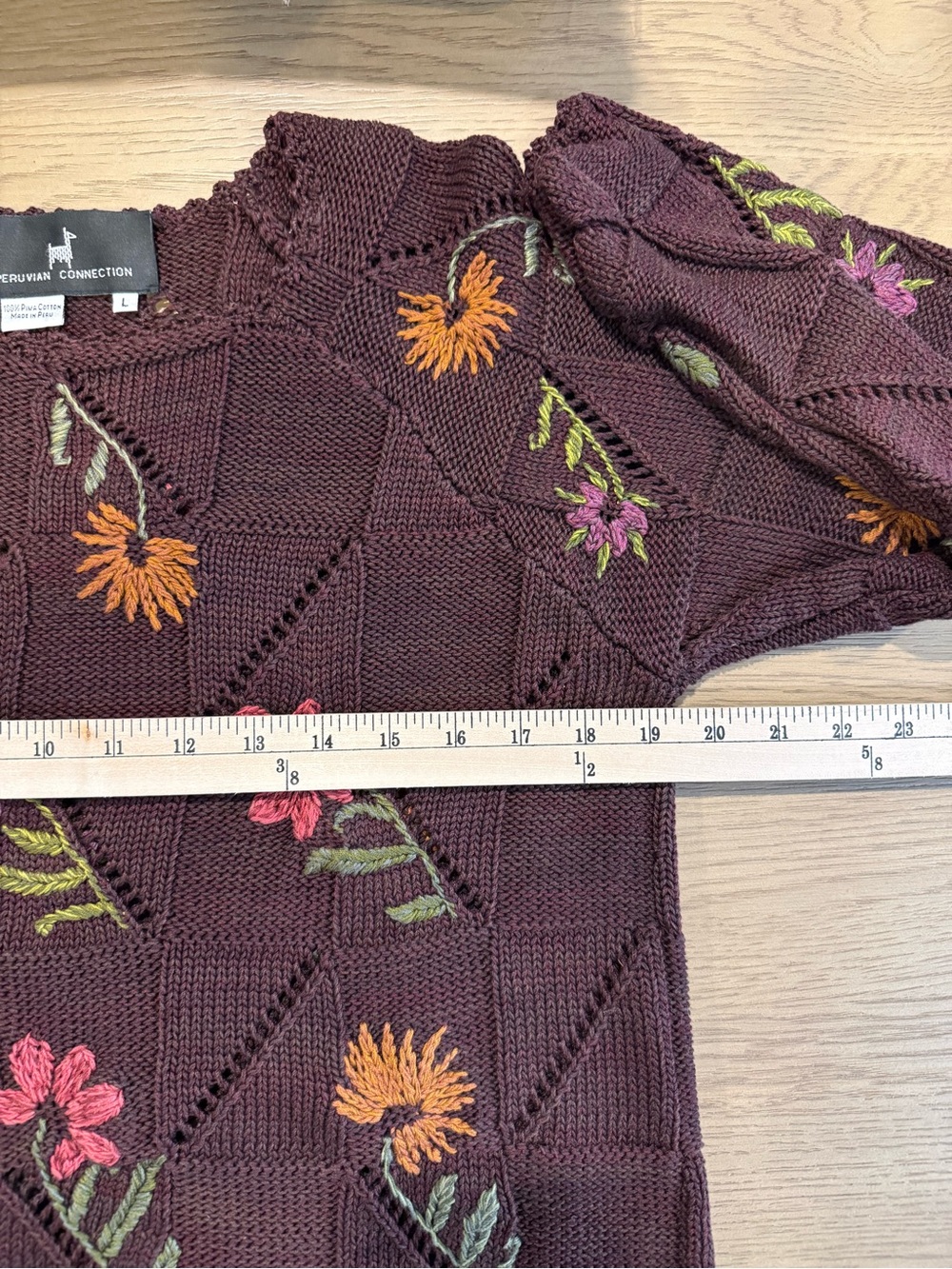 Peruvian Connection L Embroidered Pima Cotton Open Knit Floral Sweater Boho Art - Picture 12 of 14